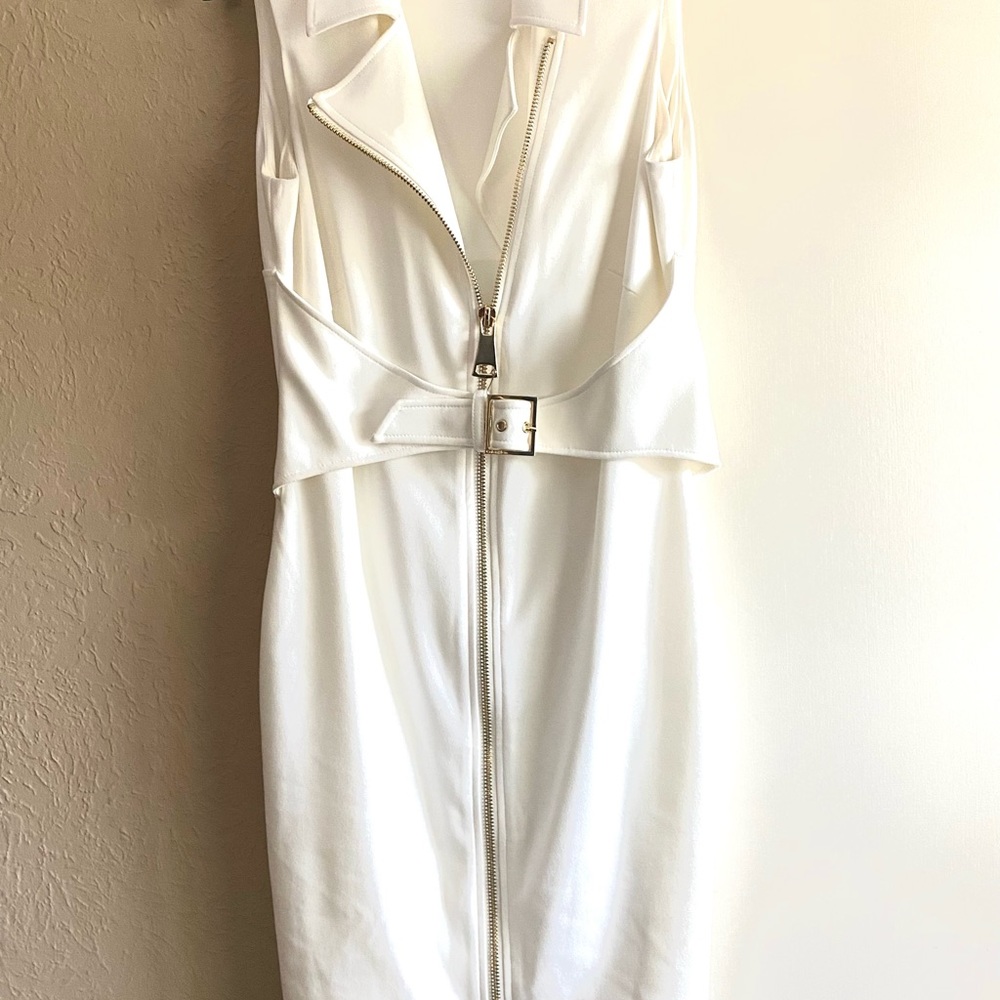 Calvin Klein cream color dress with gold zipper & belted details! Like New!